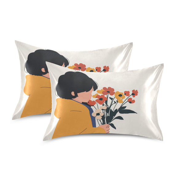 Yayeee Pillowcase Queen Size Set of 2 Satin Wrinkle Resistant Pillow Case, Cartoon Flowers