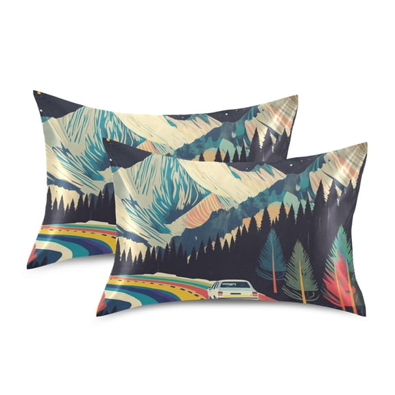 Yayeee Pillowcase Queen Size Set of 2 Satin Wrinkle Resistant Pillow Case, Evening Mountain Road