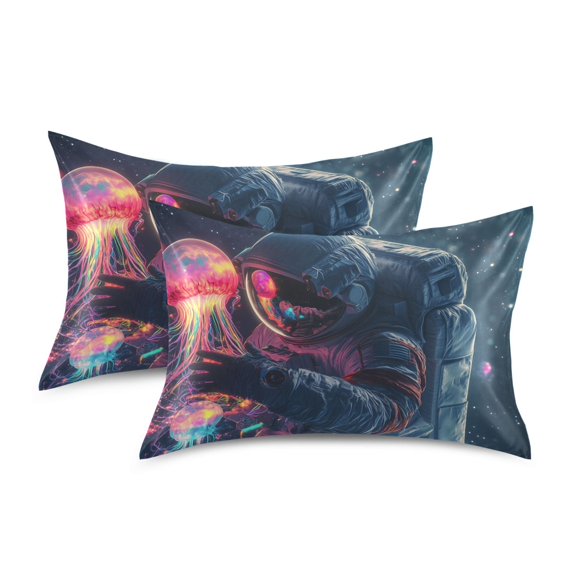 Yayeee Pillowcase Queen Size Set of 2 Satin Wrinkle Resistant Pillow Case, Glowing Jellyfish