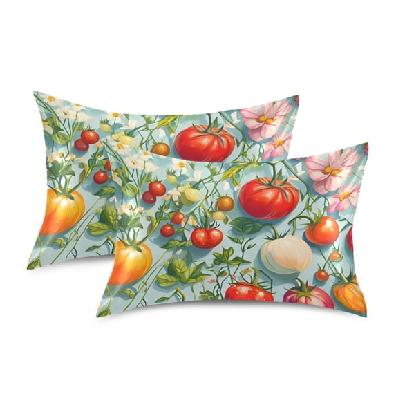 Yayeee Pillowcase Queen Size Set of 2 Satin Wrinkle Resistant Pillow Case, Green Floral Tomatoes