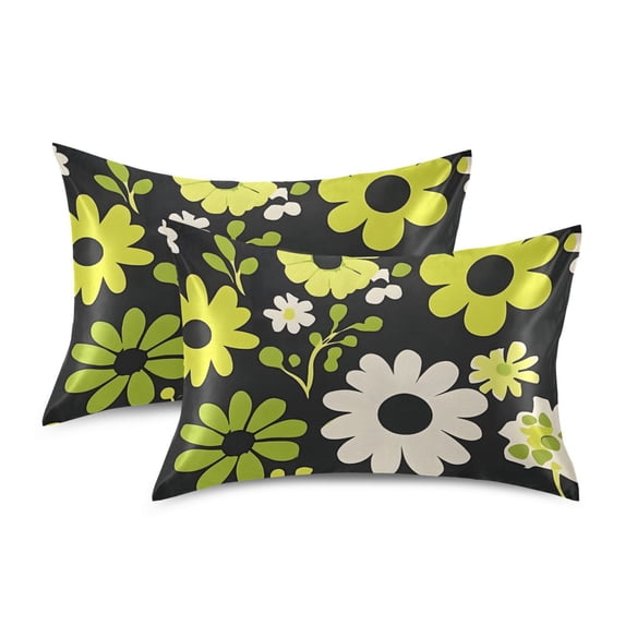 Yayeee Pillowcase Queen Size Set of 2 Satin Wrinkle Resistant Pillow Case, Green Flower Pattern
