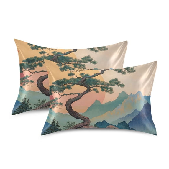 Yayeee Pillowcase Queen Size Set of 2 Satin Wrinkle Resistant Pillow Case, Pine Tree at Dawn