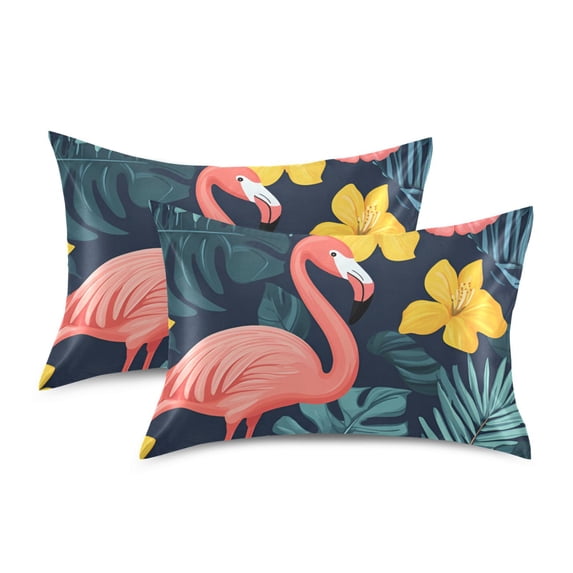 Yayeee Pillowcase Queen Size Set of 2 Satin Wrinkle Resistant Pillow Case, Pink Floral Flamingo