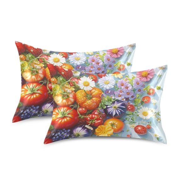 Yayeee Pillowcase Queen Size Set of 2 Satin Wrinkle Resistant Pillow Case, Purple Floral Tomatoes
