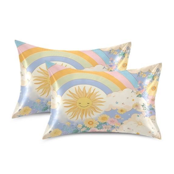 Yayeee Pillowcase Queen Size Set of 2 Satin Wrinkle Resistant Pillow Case, Purple Rainbow Clouds
