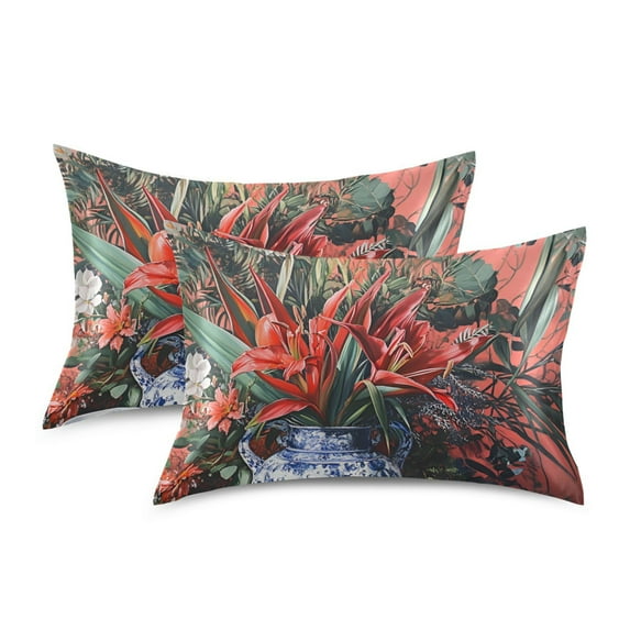 Yayeee Pillowcase Queen Size Set of 2 Satin Wrinkle Resistant Pillow Case, Red Vibrant Flowers