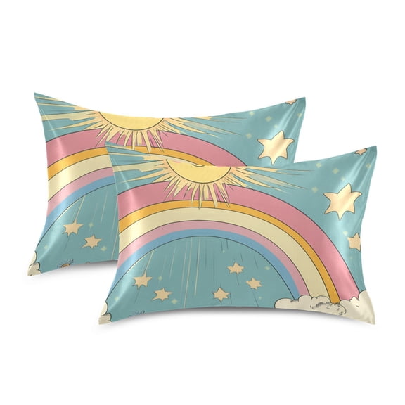 Yayeee Pillowcase Queen Size Set of 2 Satin Wrinkle Resistant Pillow Case, Retro Beige Rainbow