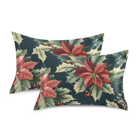 Yayeee Pillowcase Queen Size Set of 2 Satin Wrinkle Resistant Pillow Case, Retro Christmas Poinsettia