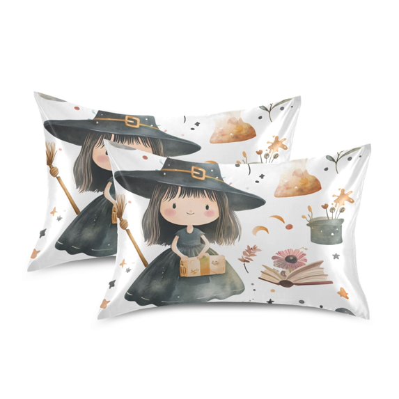 Yayeee Pillowcase Queen Size Set of 2 Satin Wrinkle Resistant Pillow Case, Watercolor Halloween Girl