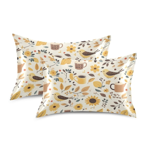 Yayeee Pillowcase Standard Size Set of 2 Satin Wrinkle Resistant Envelope Pillow Case, Beige Birds Floral