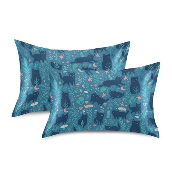 Yayeee Pillowcase Standard Size Set of 2 Satin Wrinkle Resistant Envelope Pillow Case, Blue Forest Cat Pattern