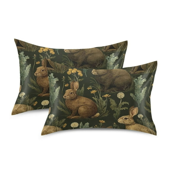 Yayeee Pillowcase Standard Size Set of 2 Satin Wrinkle Resistant Envelope Pillow Case, Brown Floral Rabbits Pattern