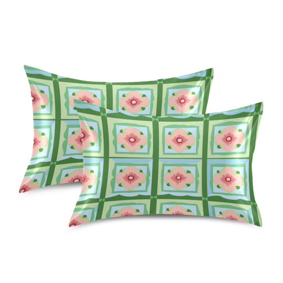 Yayeee Pillowcase Standard Size Set of 2 Satin Wrinkle Resistant Envelope Pillow Case, Green Blossom Mosaic