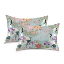 Yayeee Pillowcase Standard Size Set of 2 Satin Wrinkle Resistant Envelope Pillow Case, Green Floral Cranes Pattern
