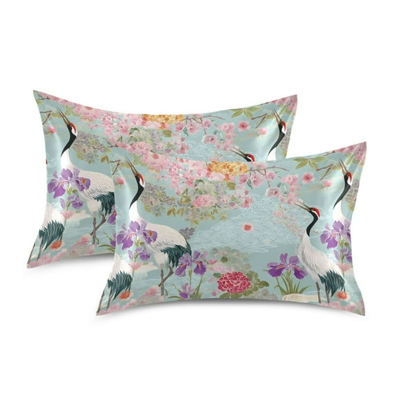 Yayeee Pillowcase Standard Size Set of 2 Satin Wrinkle Resistant Envelope Pillow Case, Green Floral Cranes Pattern