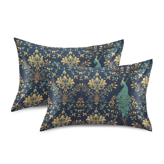 Yayeee Pillowcase Standard Size Set of 2 Satin Wrinkle Resistant Envelope Pillow Case, Navy Blue Peacock Pattern
