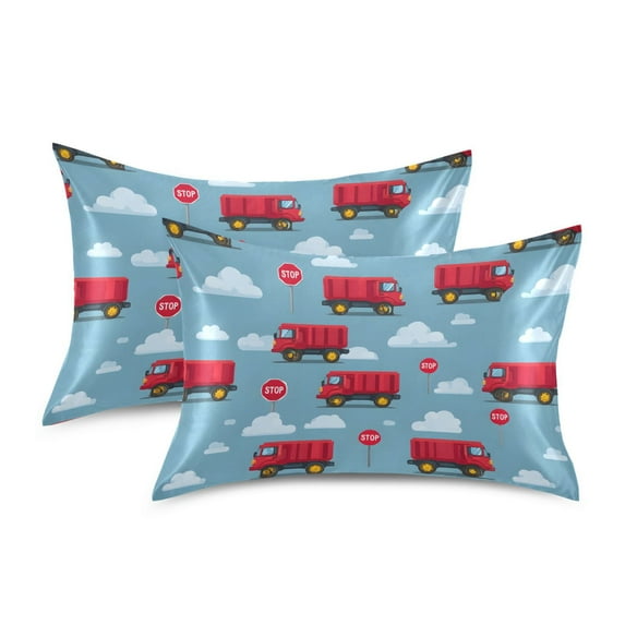 Yayeee Pillowcase Standard Size Set of 2 Satin Wrinkle Resistant Envelope Pillow Case, Red Cartoon Truck Pattern