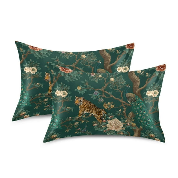 Yayeee Pillowcase Standard Size Set of 2 Satin Wrinkle Resistant Envelope Pillow Case, Tiger and Peacock Pattern