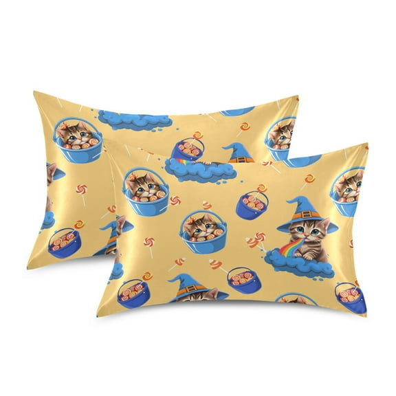 Yayeee Pillowcase Standard Size Set of 2 Satin Wrinkle Resistant Envelope Pillow Case, Yellow Halloween Cat Pattern