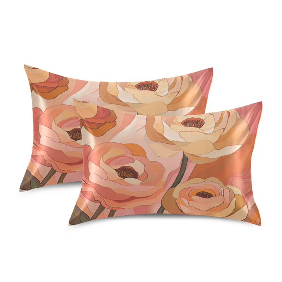 Yayeee Pillowcase Standard Size Set of 2 Satin Wrinkle Resistant Pillow Case, Abstract Orange Flowers