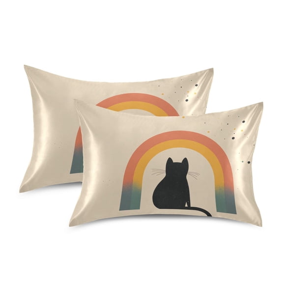 Yayeee Pillowcase Standard Size Set of 2 Satin Wrinkle Resistant Pillow Case, Beige Cat Rainbow
