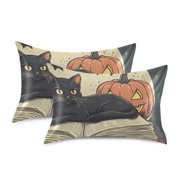 Yayeee Pillowcase Standard Size Set of 2 Satin Wrinkle Resistant Pillow Case, Black Halloween Cat