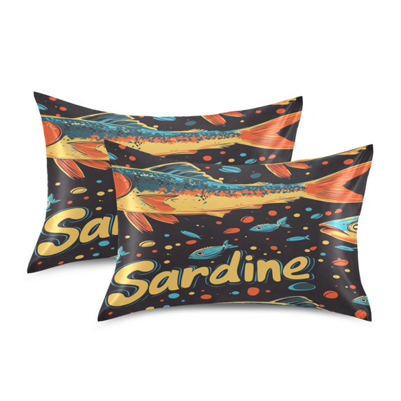 Yayeee Pillowcase Standard Size Set of 2 Satin Wrinkle Resistant Pillow Case, Black Sardines Pattern