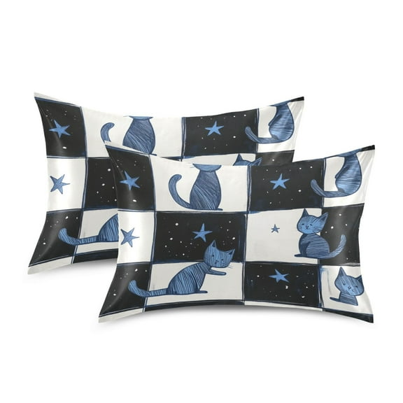 Yayeee Pillowcase Standard Size Set of 2 Satin Wrinkle Resistant Pillow Case, Blue Cat Stars
