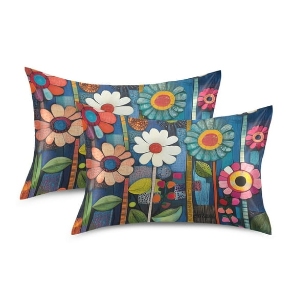 Yayeee Pillowcase Standard Size Set of 2 Satin Wrinkle Resistant Pillow Case, Blue Colorful Flowers