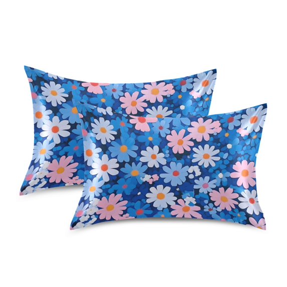Yayeee Pillowcase Standard Size Set of 2 Satin Wrinkle Resistant Pillow Case, Blue Daisy
