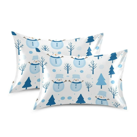 Yayeee Pillowcase Standard Size Set of 2 Satin Wrinkle Resistant Pillow Case, Blue Simple Cartoon Snowmen