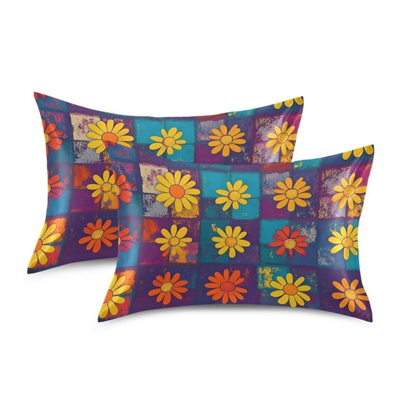 Yayeee Pillowcase Standard Size Set of 2 Satin Wrinkle Resistant Pillow Case, Colorful Checkered Daisy