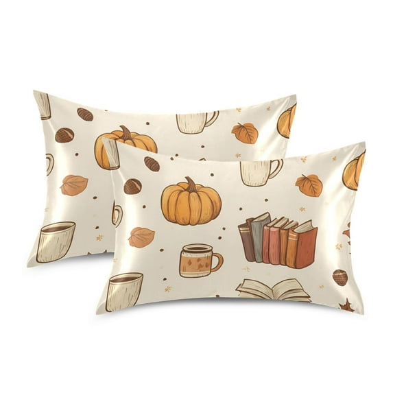 Yayeee Pillowcase Standard Size Set of 2 Satin Wrinkle Resistant Pillow Case, Fall Beige Pumpkin