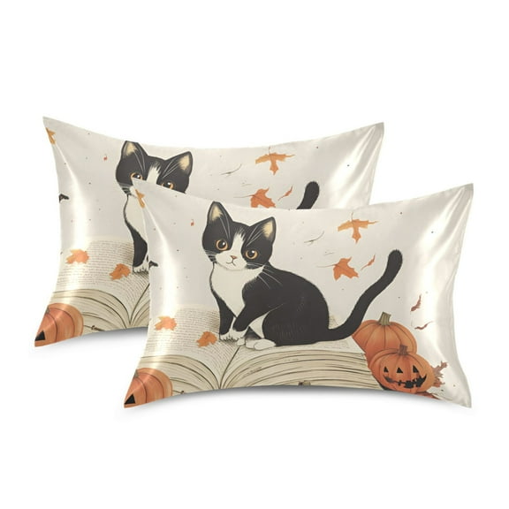 Yayeee Pillowcase Standard Size Set of 2 Satin Wrinkle Resistant Pillow Case, Gray Cartoon Halloween Cat