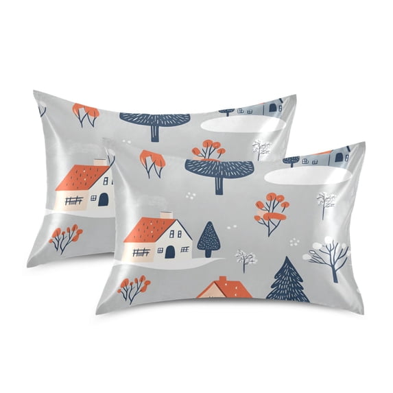 Yayeee Pillowcase Standard Size Set of 2 Satin Wrinkle Resistant Pillow Case, Gray Cartoon Houses