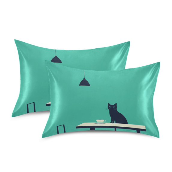 Yayeee Pillowcase Standard Size Set of 2 Satin Wrinkle Resistant Pillow Case, Green Cat