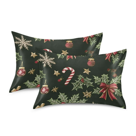 Yayeee Pillowcase Standard Size Set of 2 Satin Wrinkle Resistant Pillow Case, Green Christmas Holly