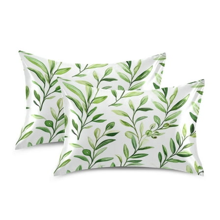 Yayeee Pillowcase Standard Size Set of 2 Satin Wrinkle Resistant Pillow Case, Green Leafy Pattern