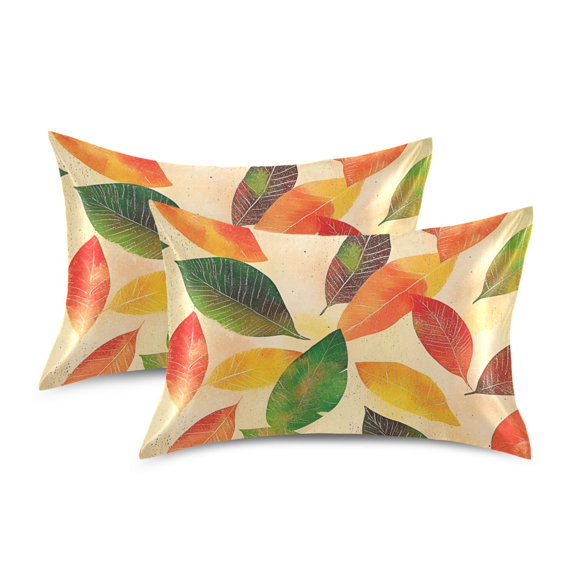 Yayeee Pillowcase Standard Size Set of 2 Satin Wrinkle Resistant Pillow Case, Green Retro Autumn Leaves