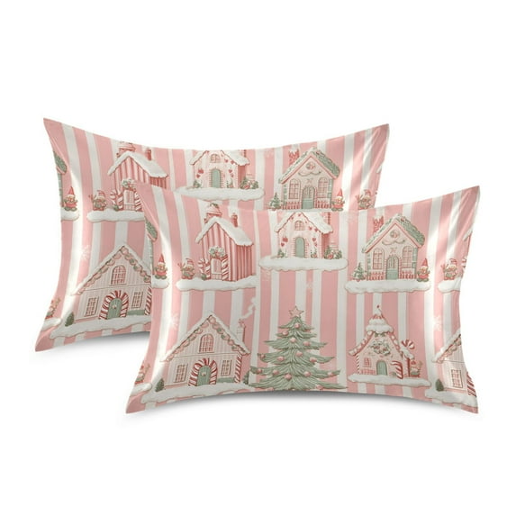 Yayeee Pillowcase Standard Size Set of 2 Satin Wrinkle Resistant Pillow Case, Light Green Christmas Houses