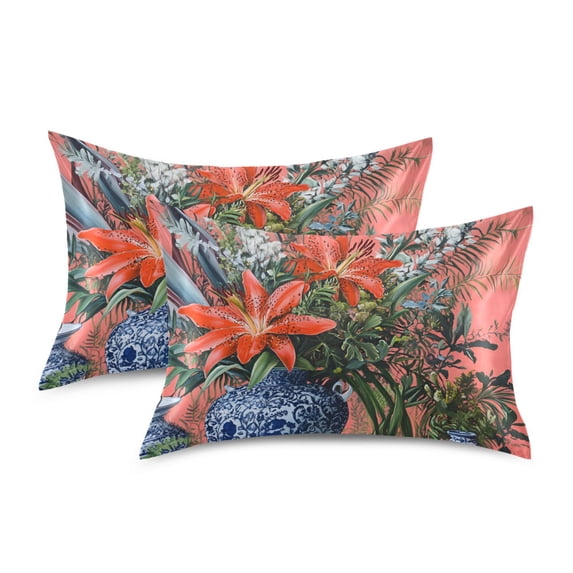 Yayeee Pillowcase Standard Size Set of 2 Satin Wrinkle Resistant Pillow Case, Orange Vibrant Flowers