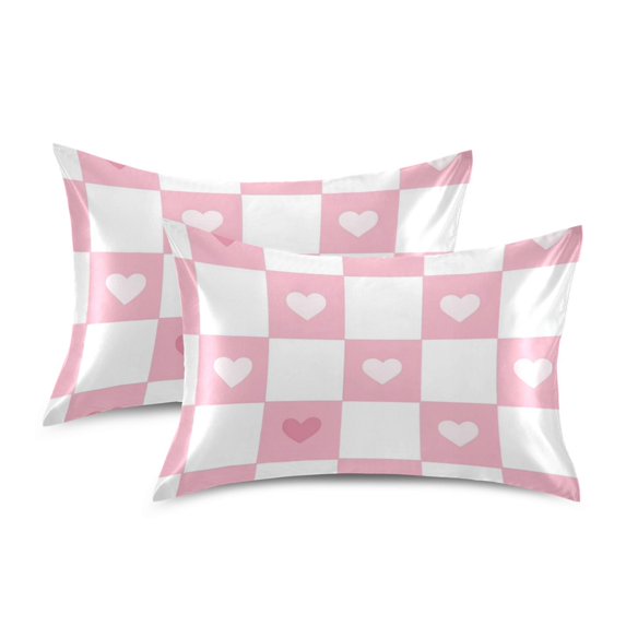 Yayeee Pillowcase Standard Size Set of 2 Satin Wrinkle Resistant Pillow Case, Pink Checkered Heart