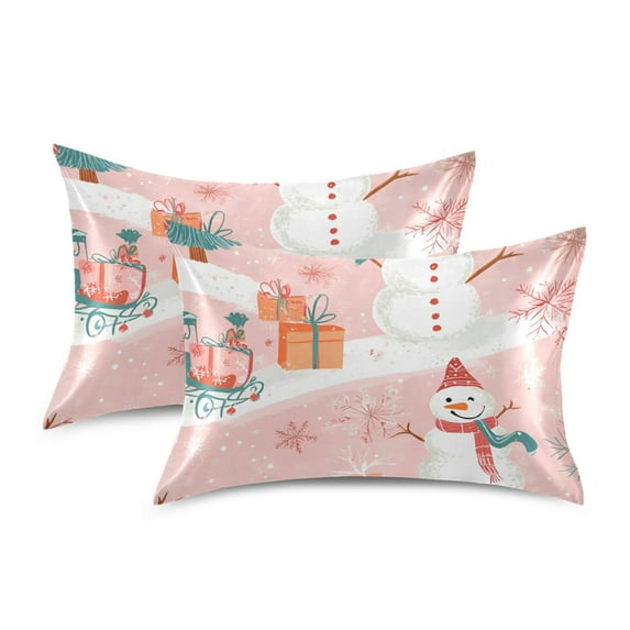 Yayeee Pillowcase Standard Size Set of 2 Satin Wrinkle Resistant Pillow Case, Pink Christmas Snowman