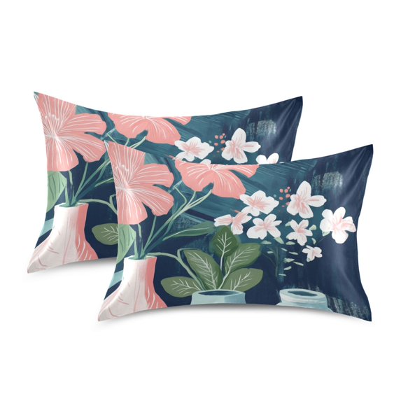 Yayeee Pillowcase Standard Size Set of 2 Satin Wrinkle Resistant Pillow Case, Pink Flowers