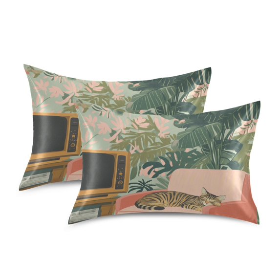 Yayeee Pillowcase Standard Size Set of 2 Satin Wrinkle Resistant Pillow Case, Pink and Green Cat