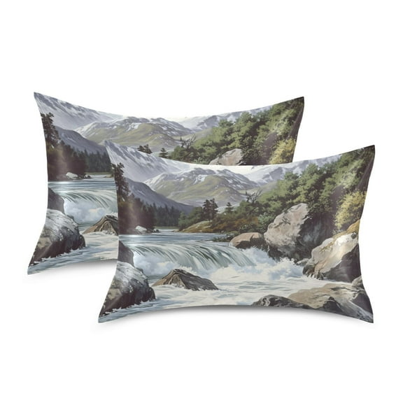 Yayeee Pillowcase Standard Size Set of 2 Satin Wrinkle Resistant Pillow Case, River and Mountains