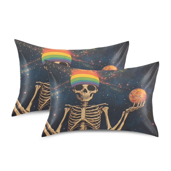 Yayeee Pillowcase Standard Size Set of 2 Satin Wrinkle Resistant Pillow Case, Skeleton with Rainbow