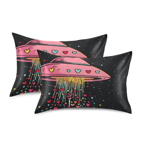 Yayeee Pillowcase Standard Size Set of 2 Satin Wrinkle Resistant Pillow Case, UFO with Hearts Pattern