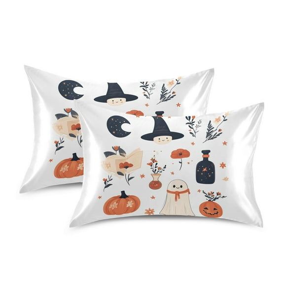 Yayeee Pillowcase Standard Size Set of 2 Satin Wrinkle Resistant Pillow Case, White Cartoon Halloween Ghosts