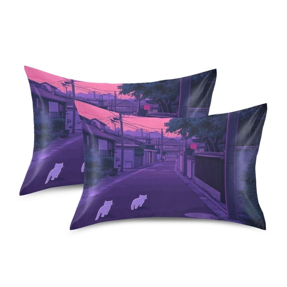 Yayeee Pillowcase Standard Size Set of 2 Satin Wrinkle Resistant Pillow Case, White Cat Walking
